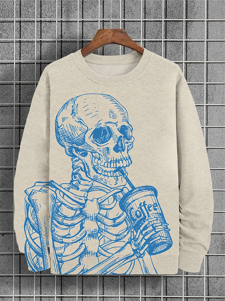 Men's Skull Drinking Coffee Print Casual Sweatshirt
