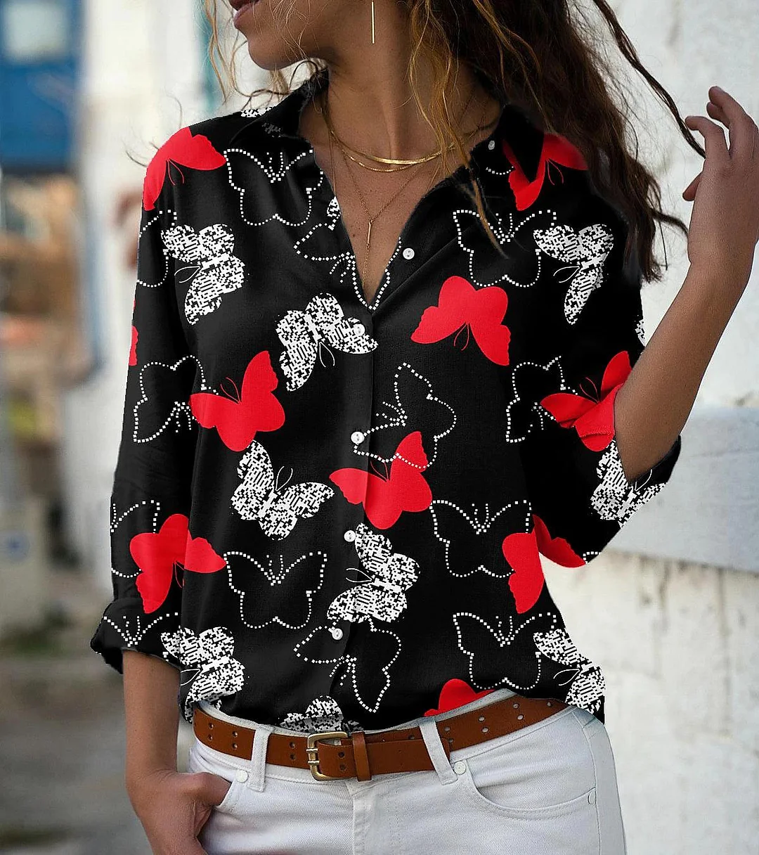 Butterfly Print Blouses For Women Turn-down Collar Long Sleeve Elegant Office Lady Tops Casual Plus Size Fashion Shirts Blusas