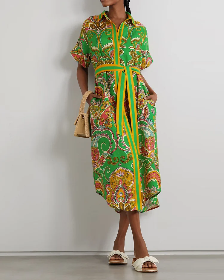 Marion Belted Printed Linen Midi Shirt Dress