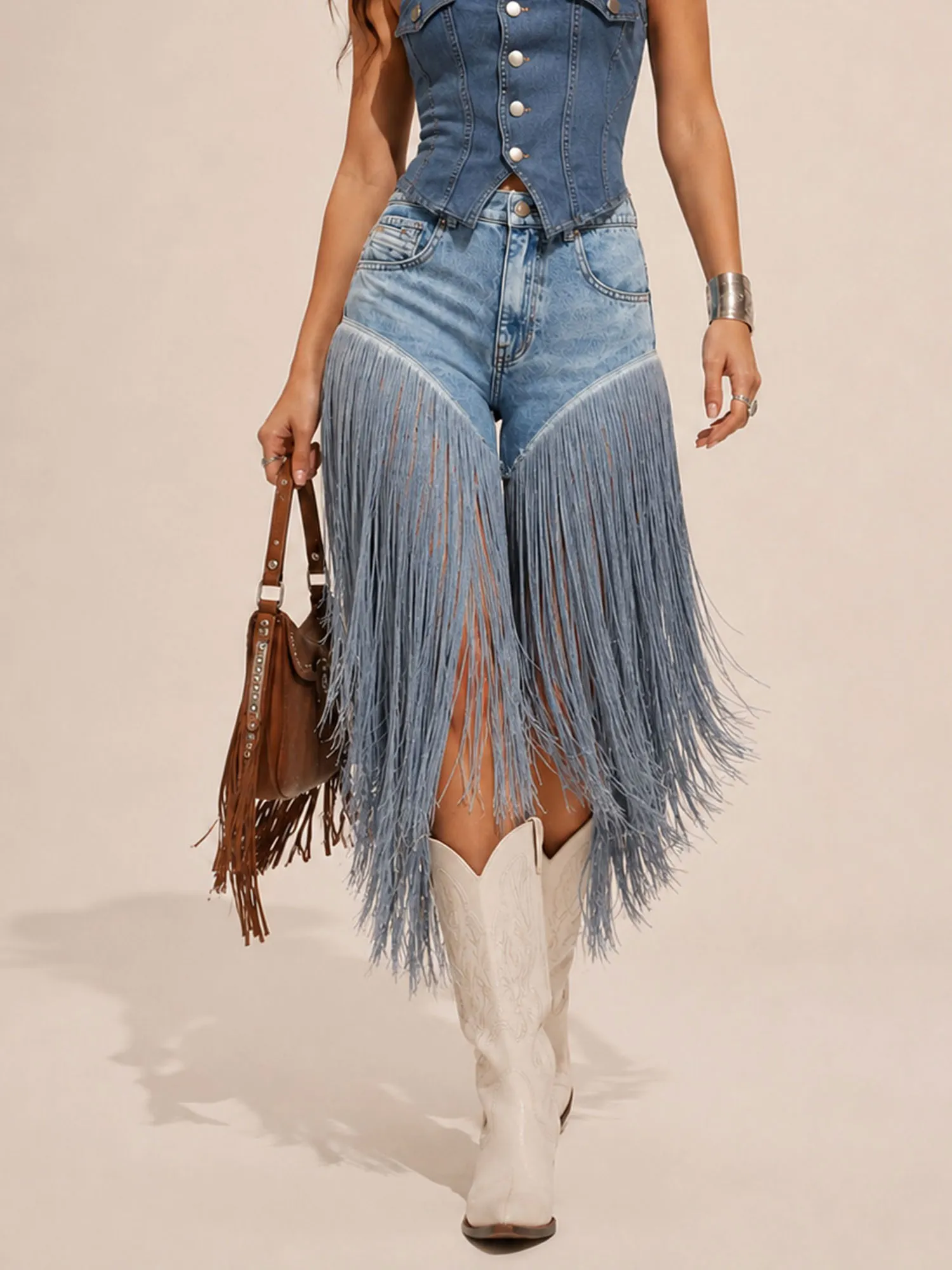 Perfect for a Rodeo Horse Riding Event &mdash; 2026 Spring/Autumn Women Medium Blue Long Fringe Detail Denim Shorts