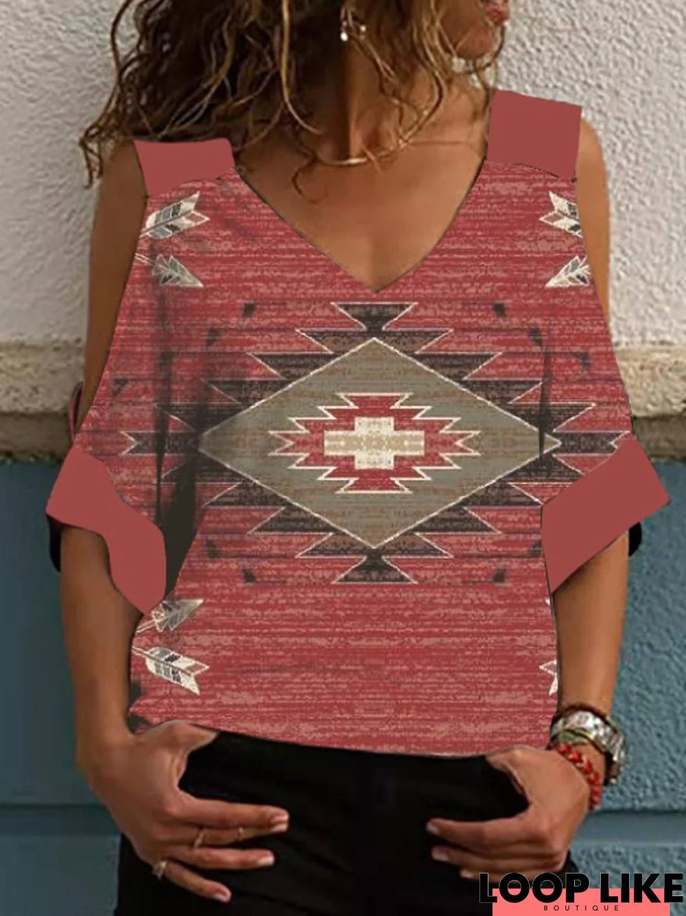 Oversized Off-The-Shoulder Mid-Sleeve Vintage-Print T-Shirt