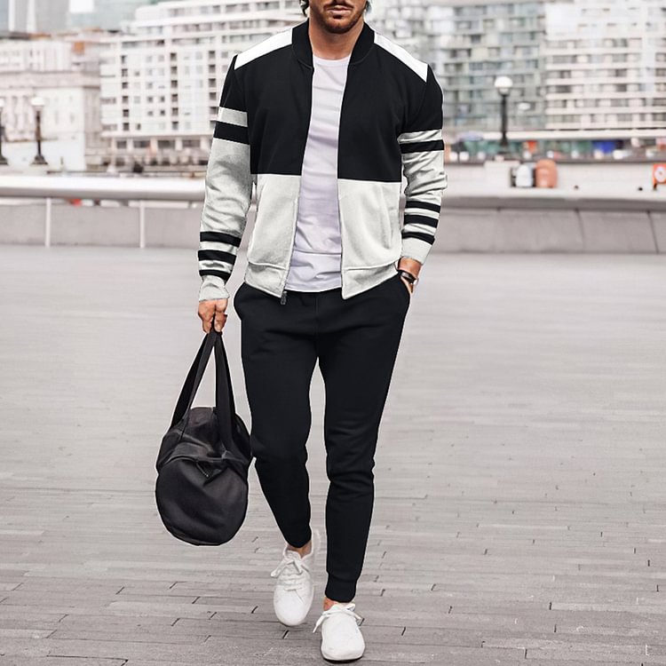 BrosWear Black And White Contrast Jacket And Pants Two Piece Set