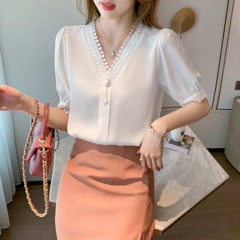 Fashion V-Neck Beading Lace Chiffon Shirt Women's Clothing 2022 Summer New Elegant Office Lady Petal Short Sleeve Commute Blouse