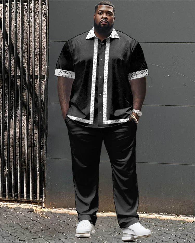 Men's Large Size Geometric Stitching Pattern Short Sleeve Shirt Set