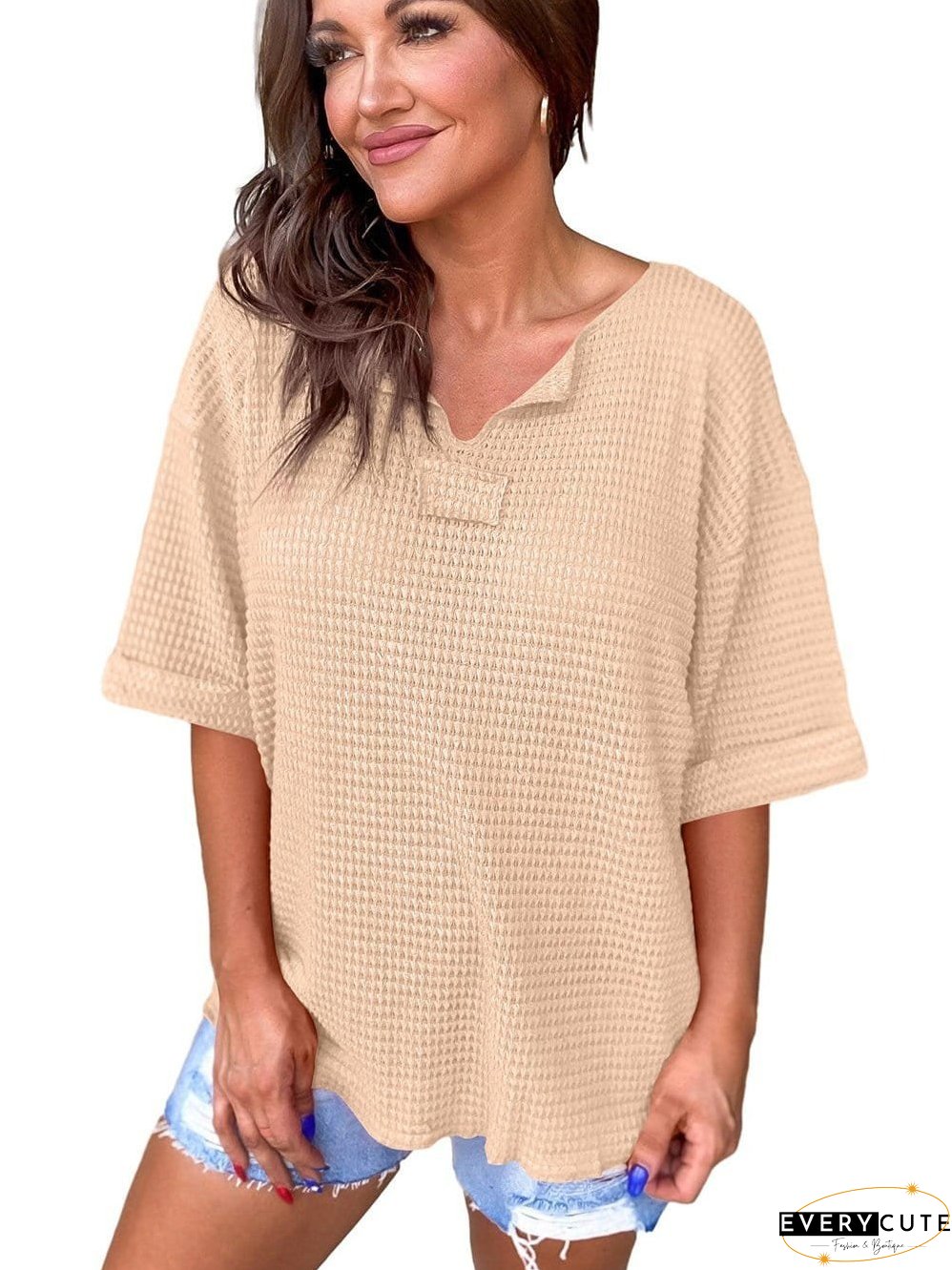 Parchment Waffle Knit V-Neck Casual Top with Split Neck