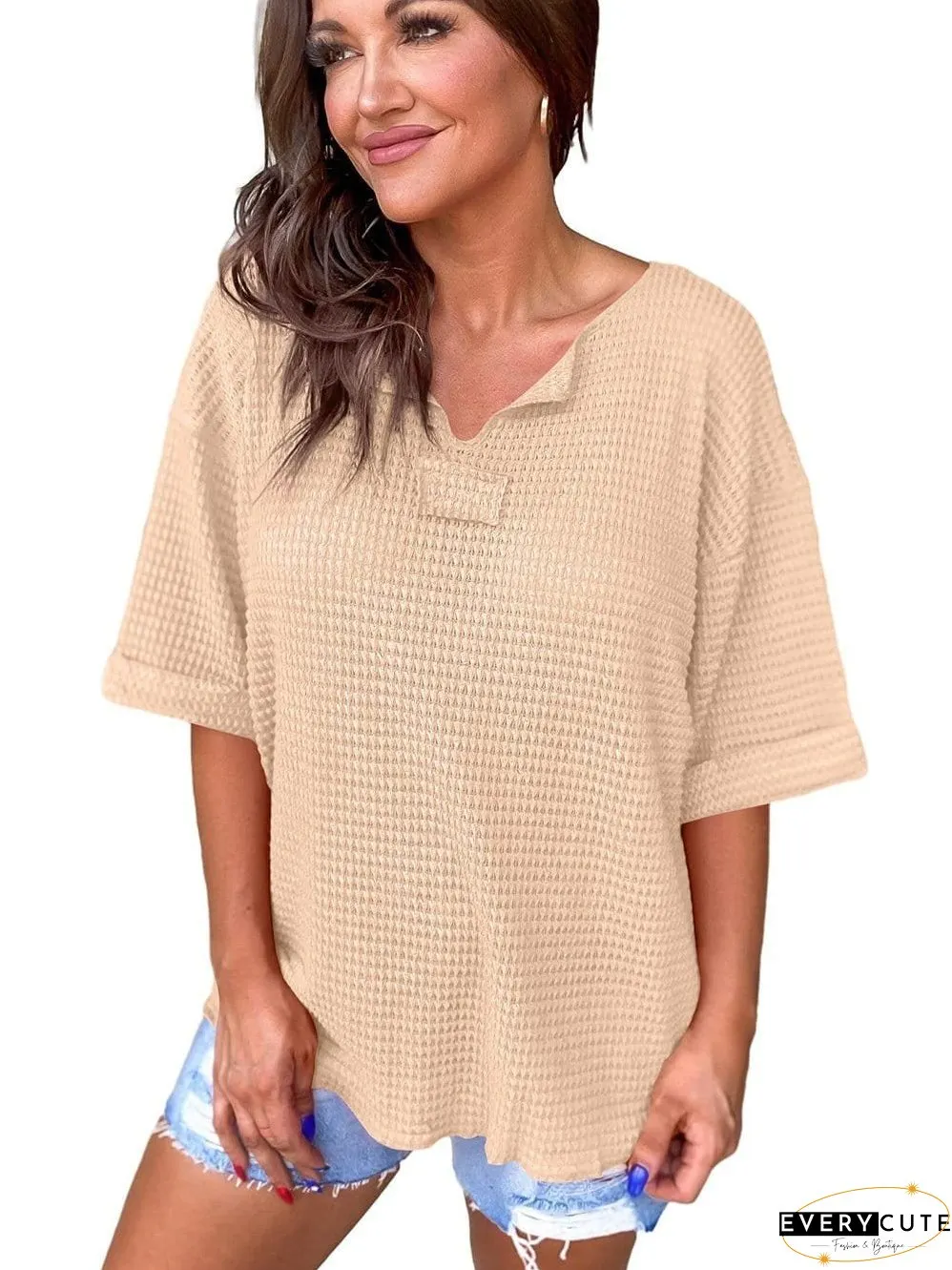 Parchment Waffle Knit V-Neck Casual Top with Split Neck