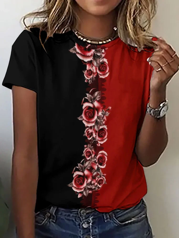 Printed Short Sleeve Casual T-shirt for  Women and Men Unisex Pattern Floral, Black, Red