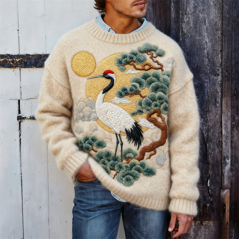 Men's Crane & Pine Trees Sunrise Embroidered Cozy Knit Sweater  artssus