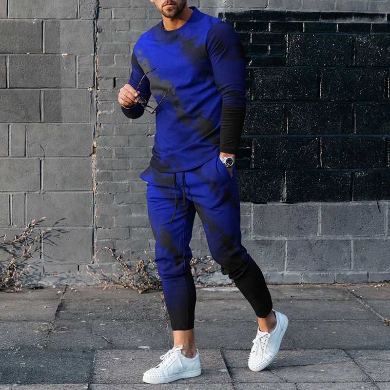 Men'S Gradient Color Long Sleeve T-Shirt And Pants Co-Ord