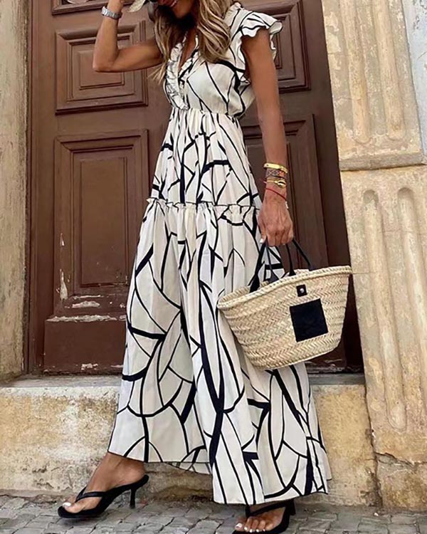 Resort Geometry Print V-Neck Maxi Dress