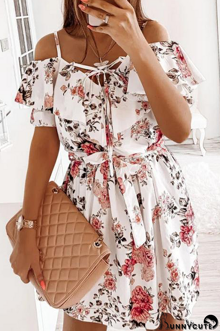 Elegant Floral Frenulum Flounce V Neck A Line Dresses