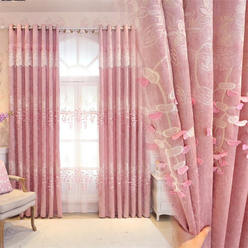 Romantic Pink Color Pastoral Style Embroidered Shading Curtain And