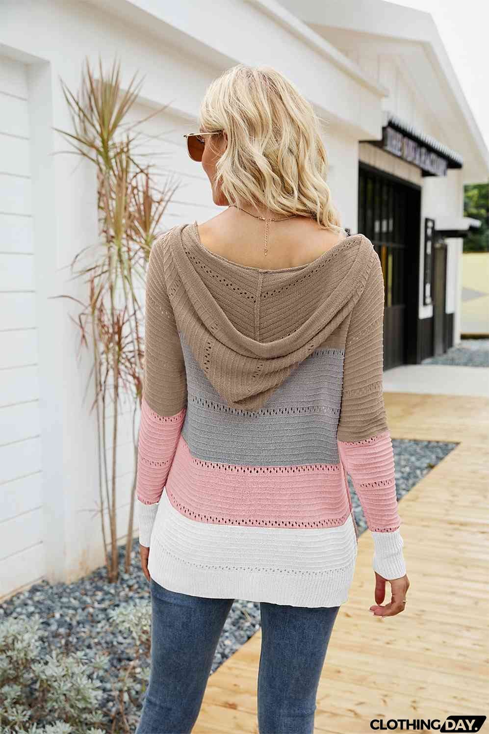 Color Block Drawstring Hooded Sweater