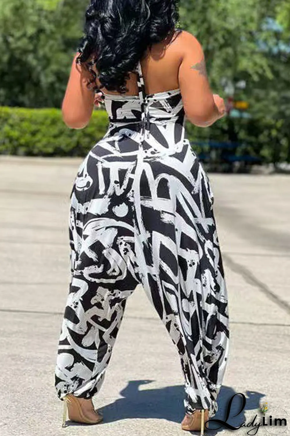 Blue Fashion Sexy Casual Print Backless Strapless Regular Jumpsuits