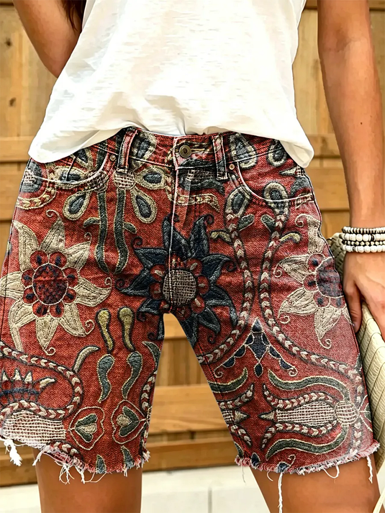 Women's Vintage Totem Floral Art Print Frayed-Hem Denim Bermuda Shorts