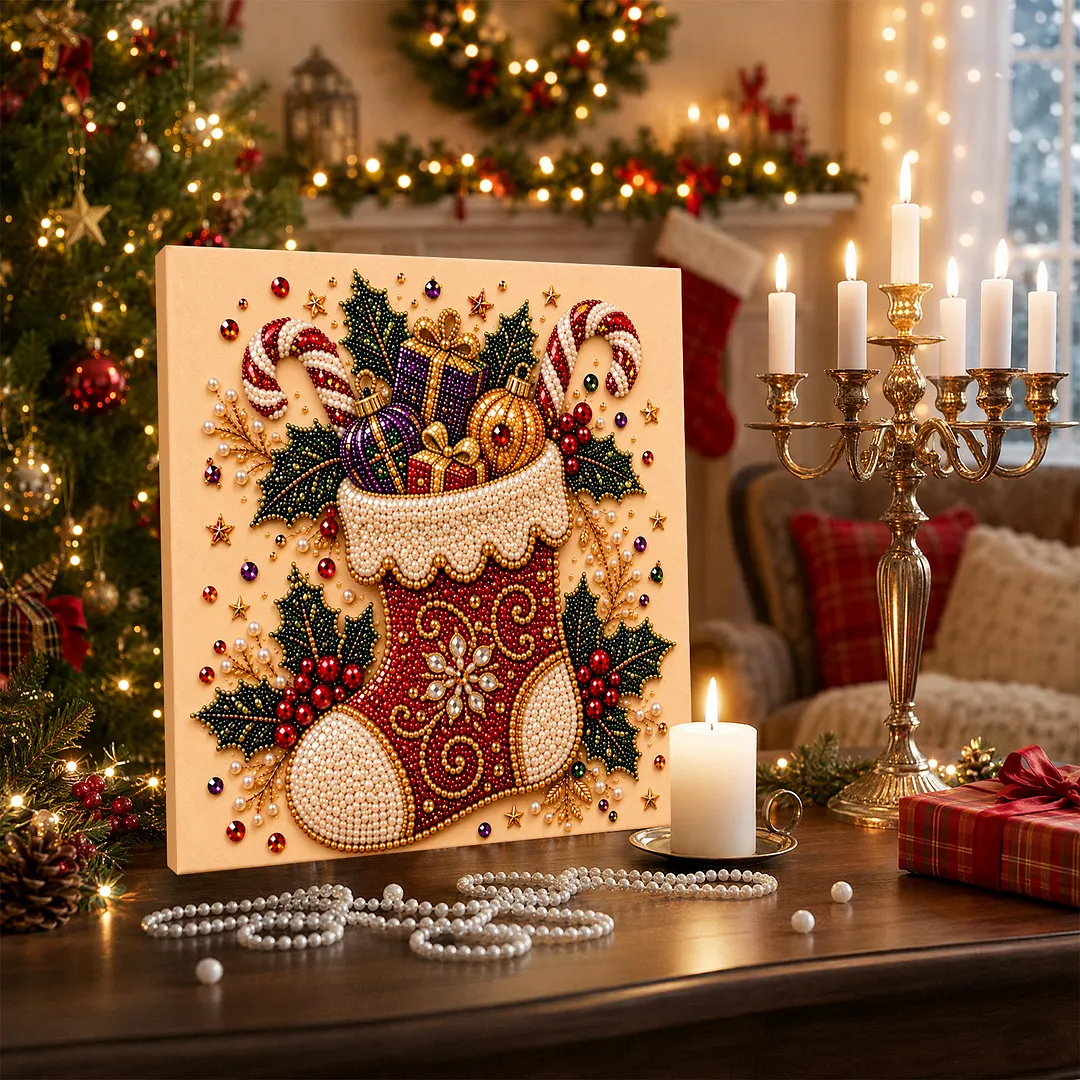 Framed Pearl Painting Kit Christmas Stocking 7.87x7.87in