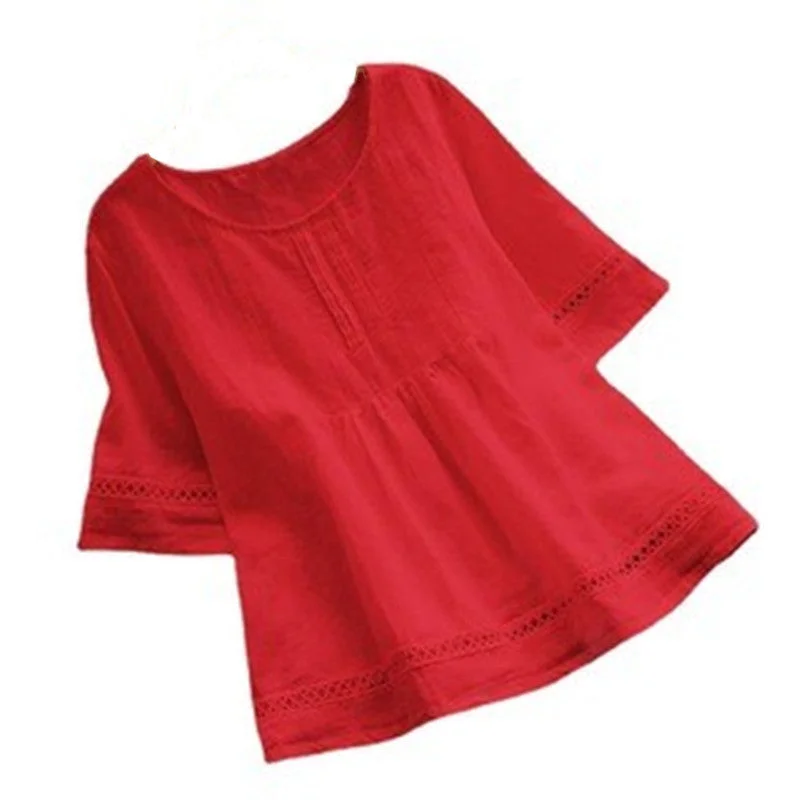 Uveng Summer Solid Color Cotton Linen Half Blouses