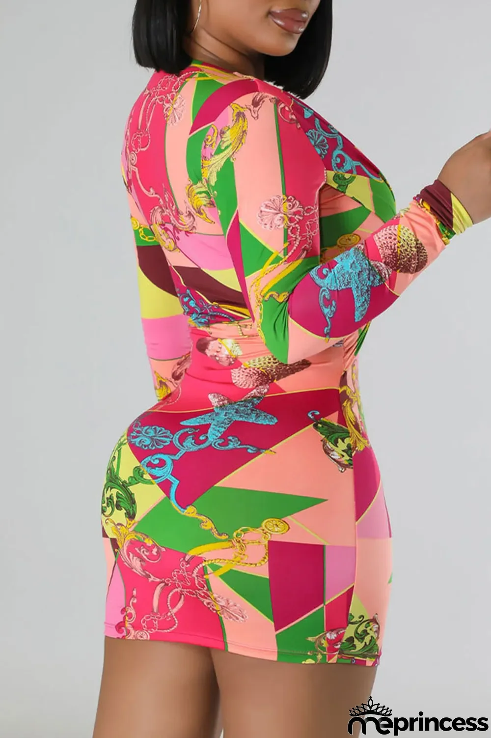 Blue Sexy Print Patchwork V Neck Pencil Skirt Dresses