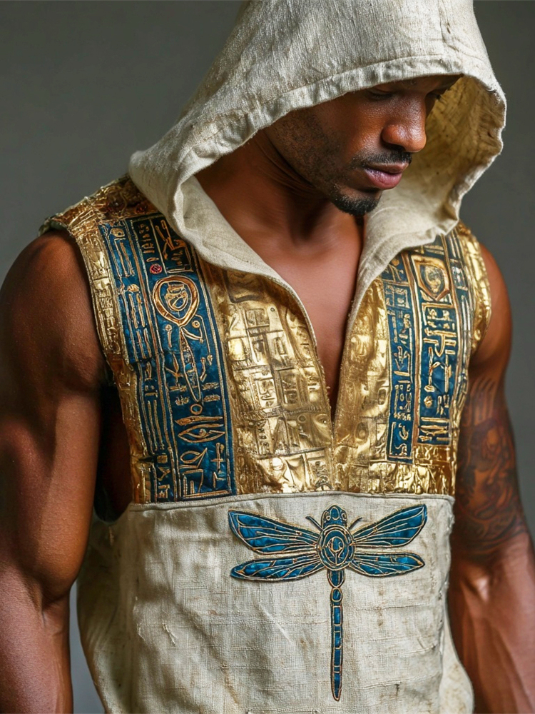 Egyptian Symbols & Dragonfly Elements Men's Linen Hooded Tank