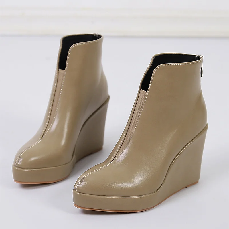 Wongn Wongn / Winter, Sloping Heel, Thick Bottom, High Heel, Pointed, Stylish Ankle Boots, Black Rear Zipper