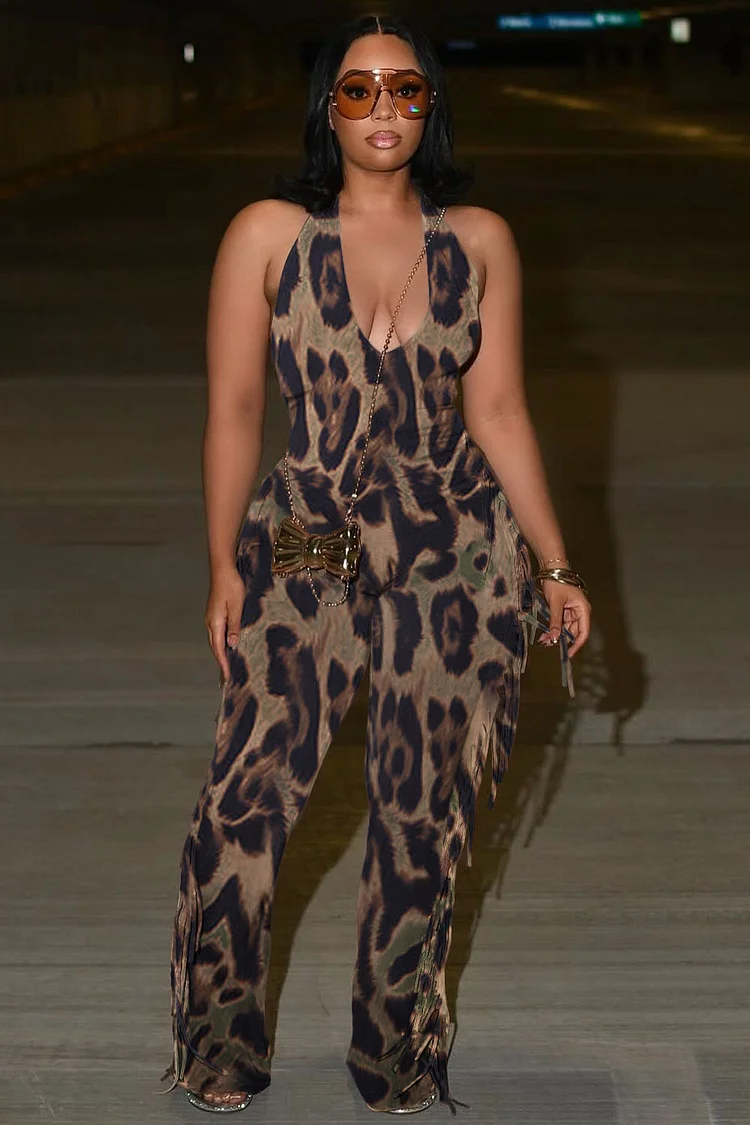 Deep U Neck Sleeveless Leopard Print Fringe Party Jumpsuit-Brown [Pre Order]