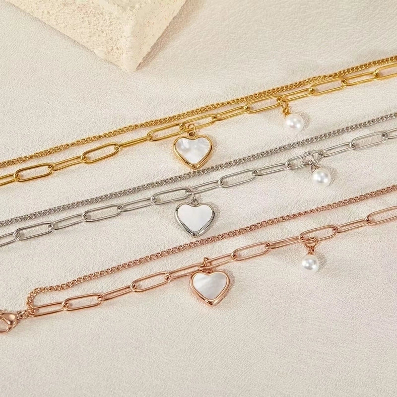 Casual Minimalist Heart Shape Titanium Steel 18K Gold Plated Artificial Pearls Shell Paperclip Chain Bracelets In Bulk