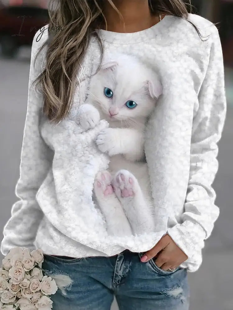 Ingvn - Women’s Sweatshirt Pullover Basic White Cat Street Round Neck Long Sleeve / S