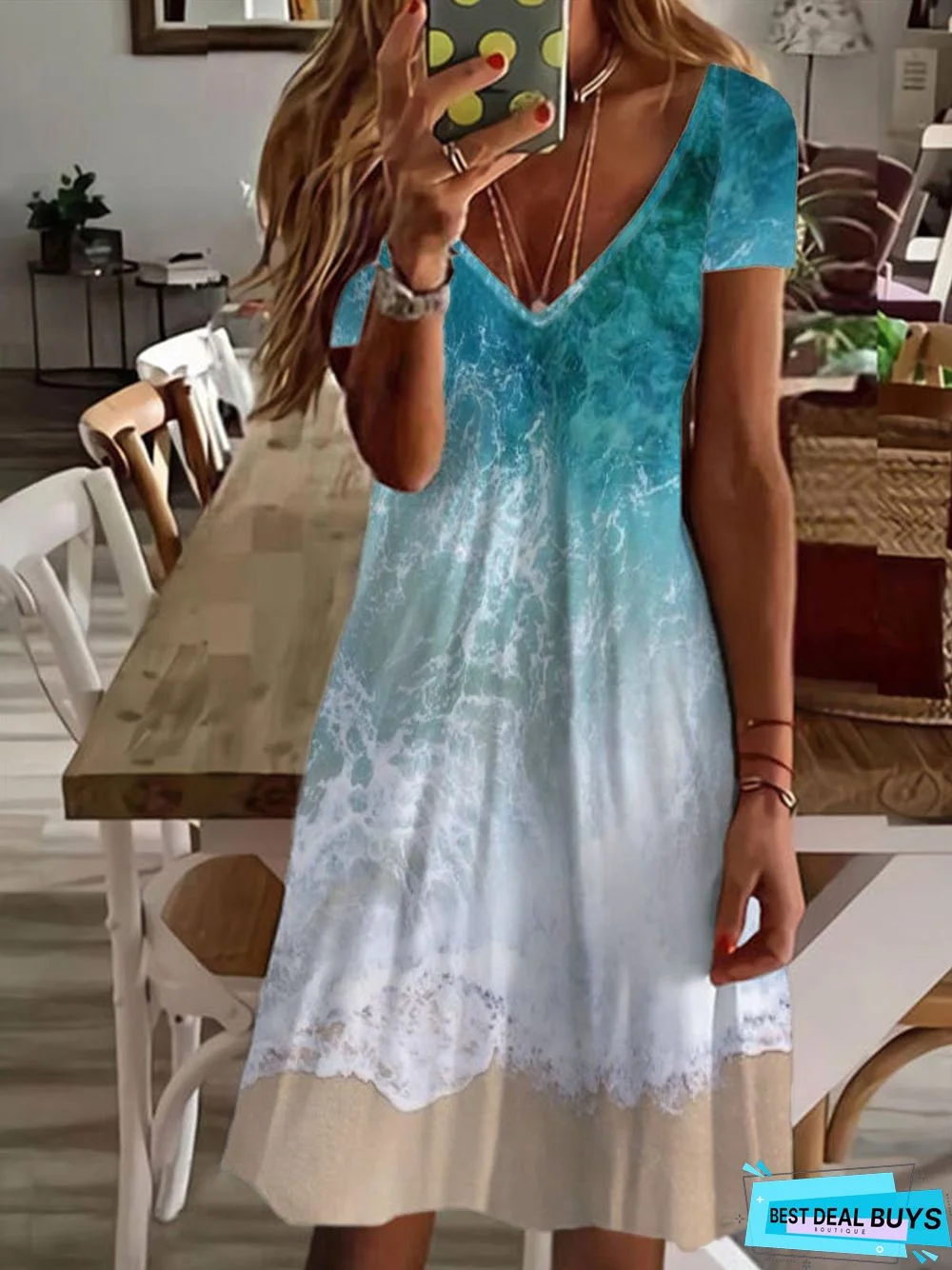 Sea Gradient Painted V-Neck Short Sleeve Casual Dress