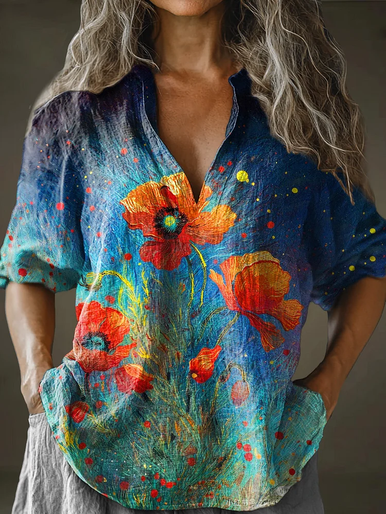 Women's Poppy Flower Art Pattern Print Long Sleeve Comfortable Cotton And Linen Shirt