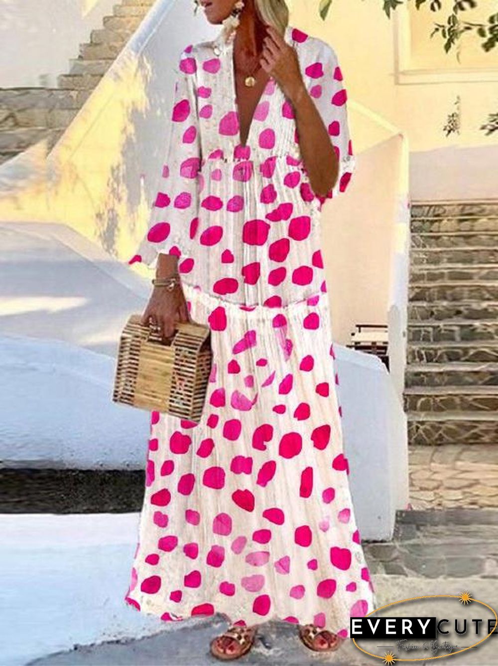 Long Pattern V-Necked Mandarin Sleeve Dress