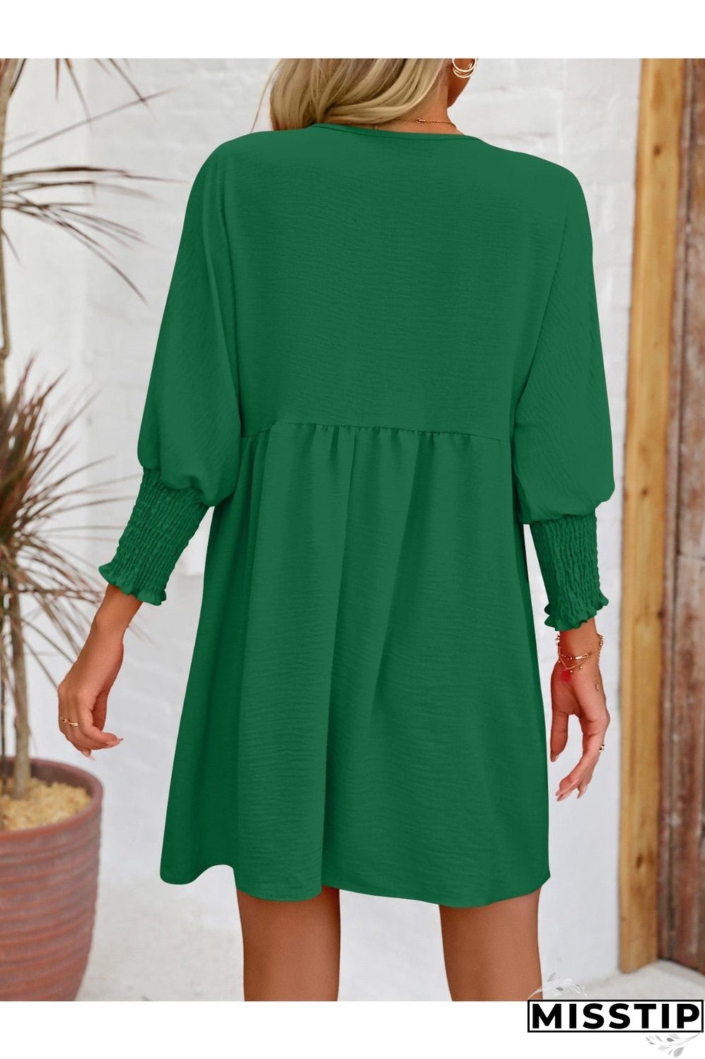 Round Neck Lantern Sleeve Mini Dress