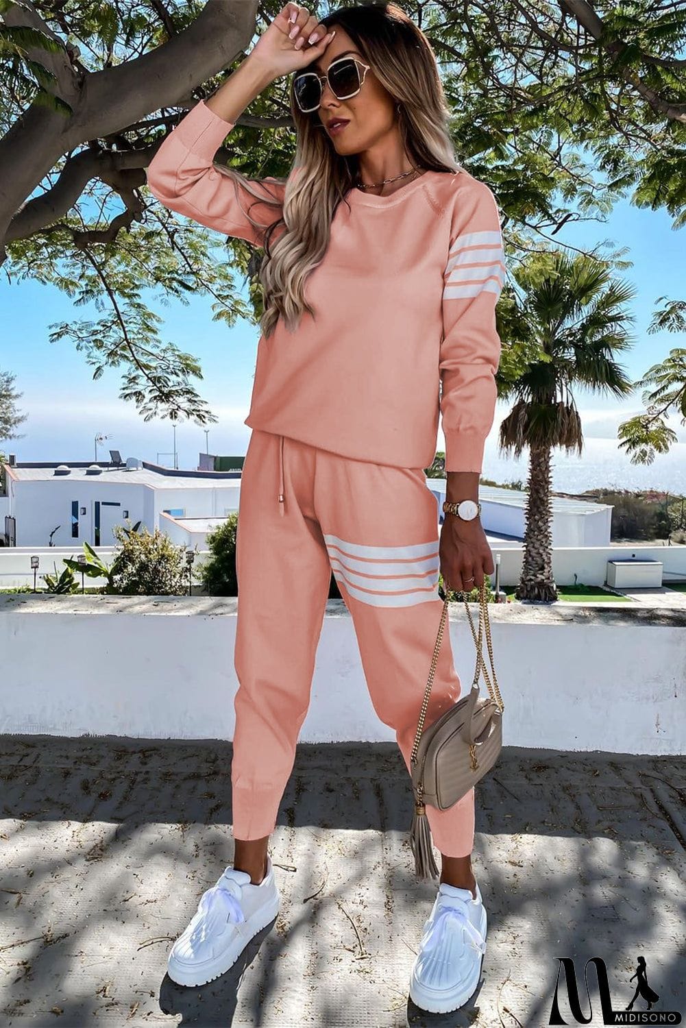 MidiSono - Striped Long Sleeve Top and Sweatpants Set