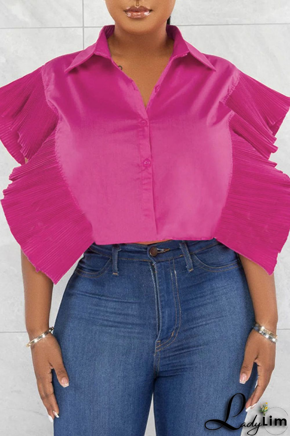 Rose Red Casual Solid Patchwork Buckle Flounce Turndown Collar Tops