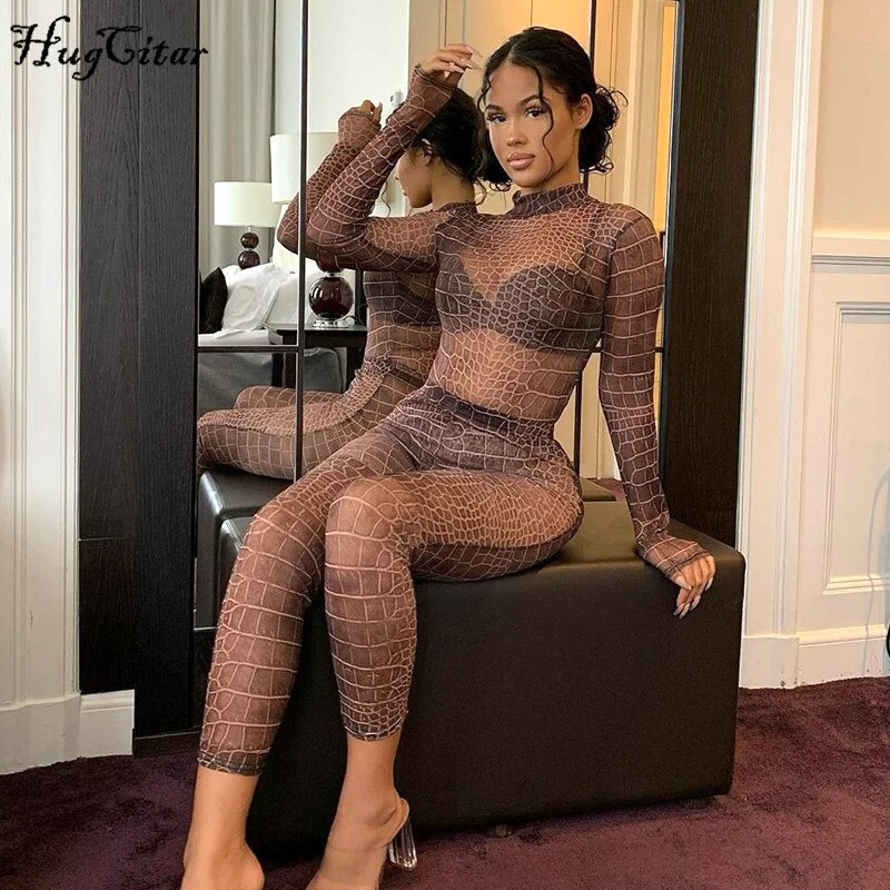 Hugcitar 2020 snake print mesh see-through bodysuit leggings 2 pieces set autumn winter women fashion streetwear outfits sexy cl