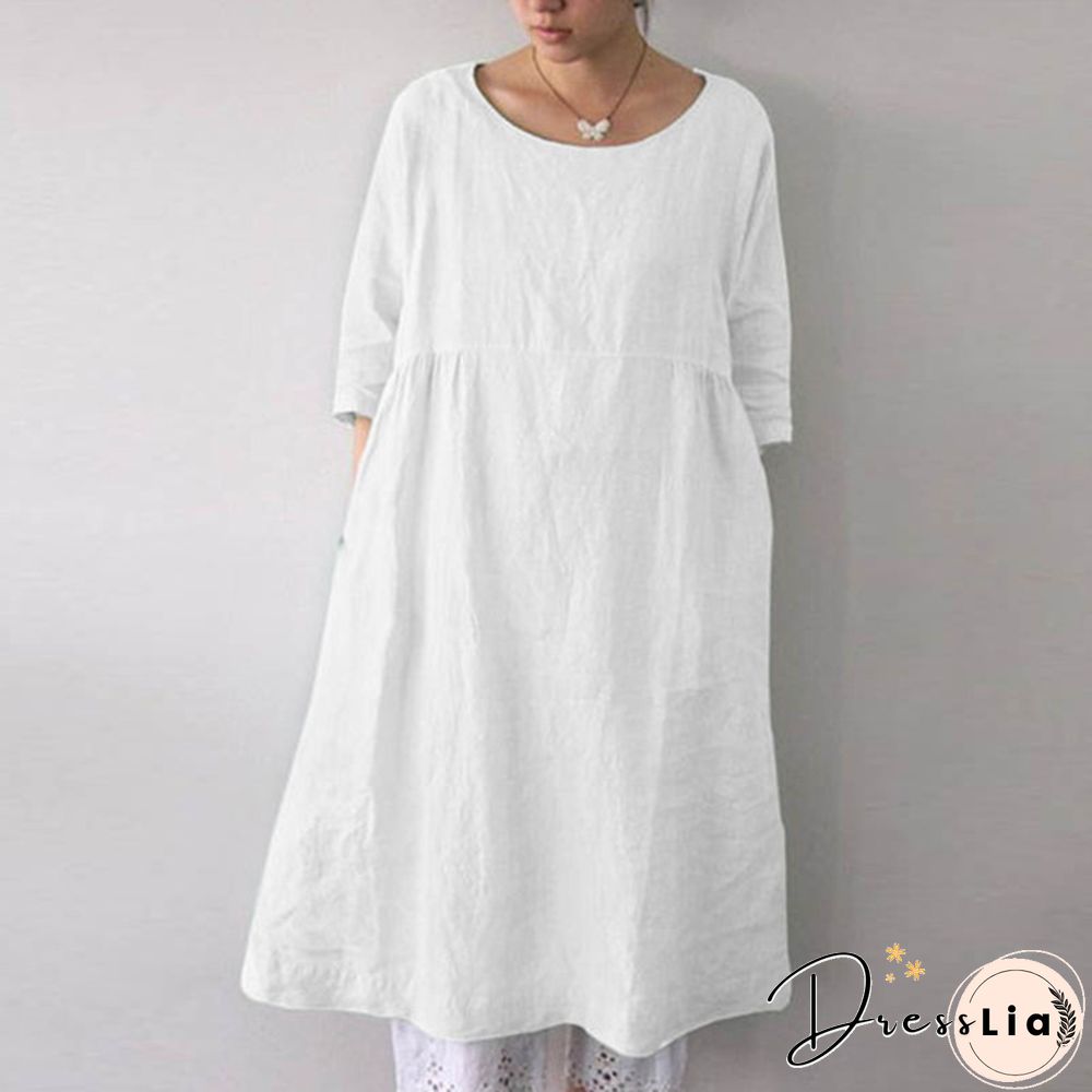 ZANZEA Women O-Neck 3/4 Sleeve Solid Color Loose Shirt Dress Kaftan Dress Plus Size S-5XL