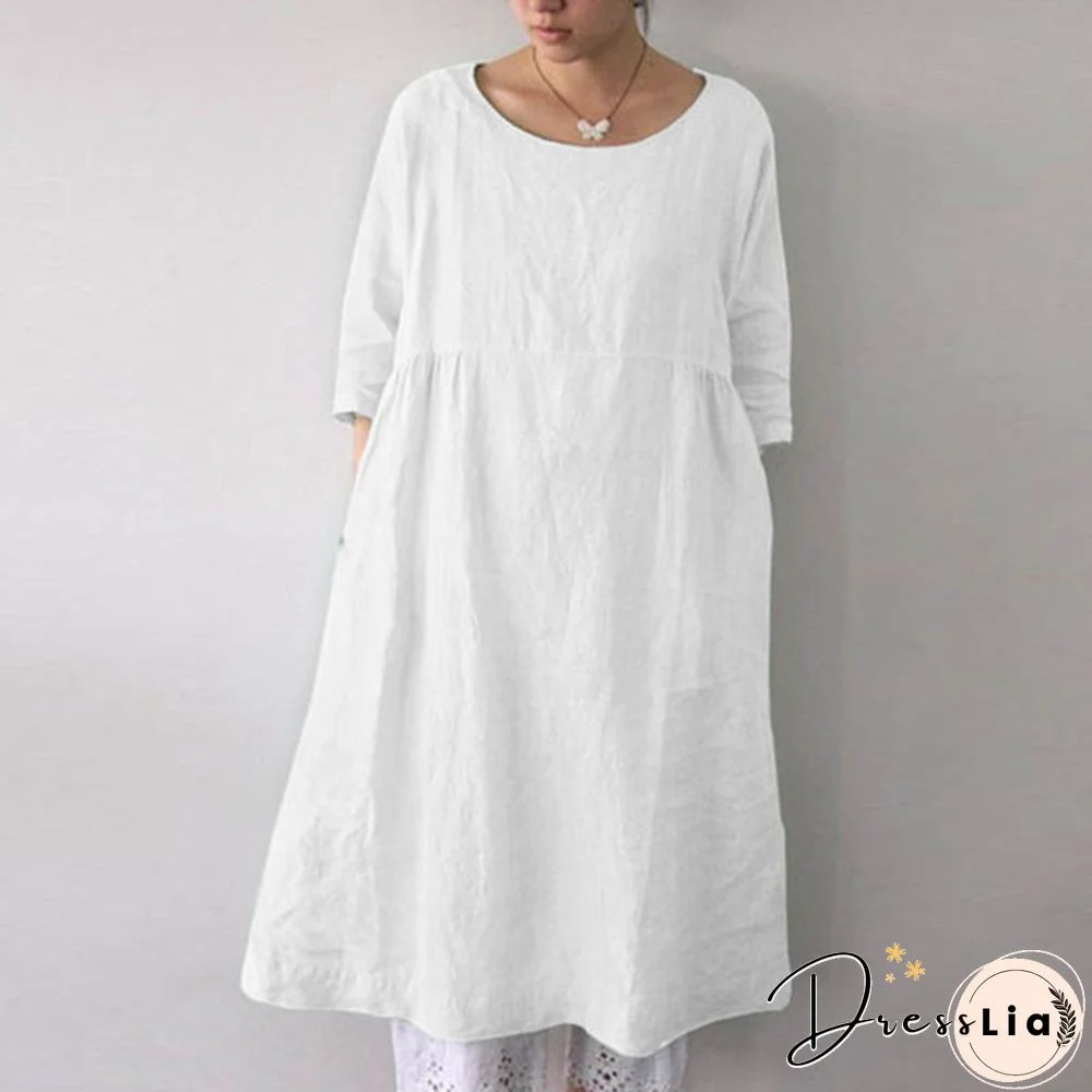 ZANZEA Women O-Neck 3/4 Sleeve Solid Color Loose Shirt Dress Kaftan Dress Plus Size S-5XL