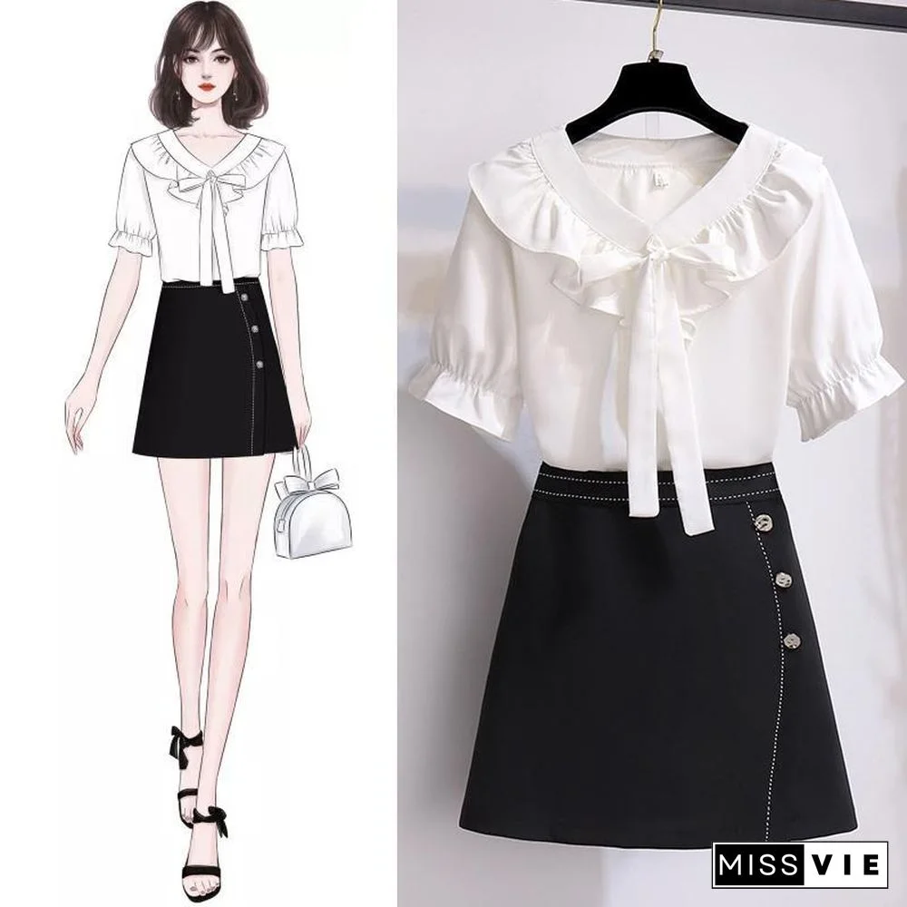 V-Collar Blouse+Solid Color Skirt P16160