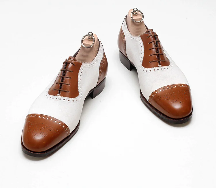 Handmade Mens Two Tone Formal Shoes, Me Brown And White Spectator Shoes