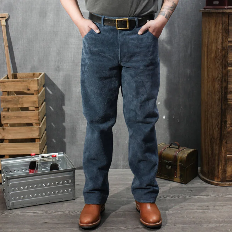 Retro Heavy Brushed Cowhide Motorcycle Blue Straight Pants