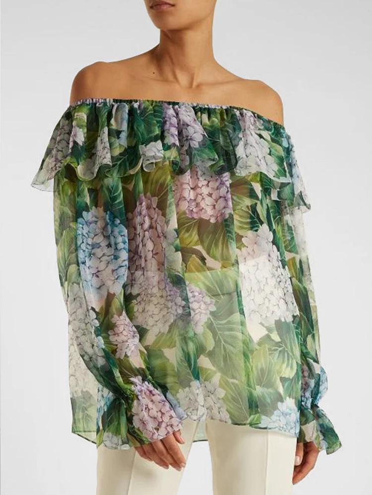 Fashion Floral Off Shoulder Long Sleeve Loose Shirt