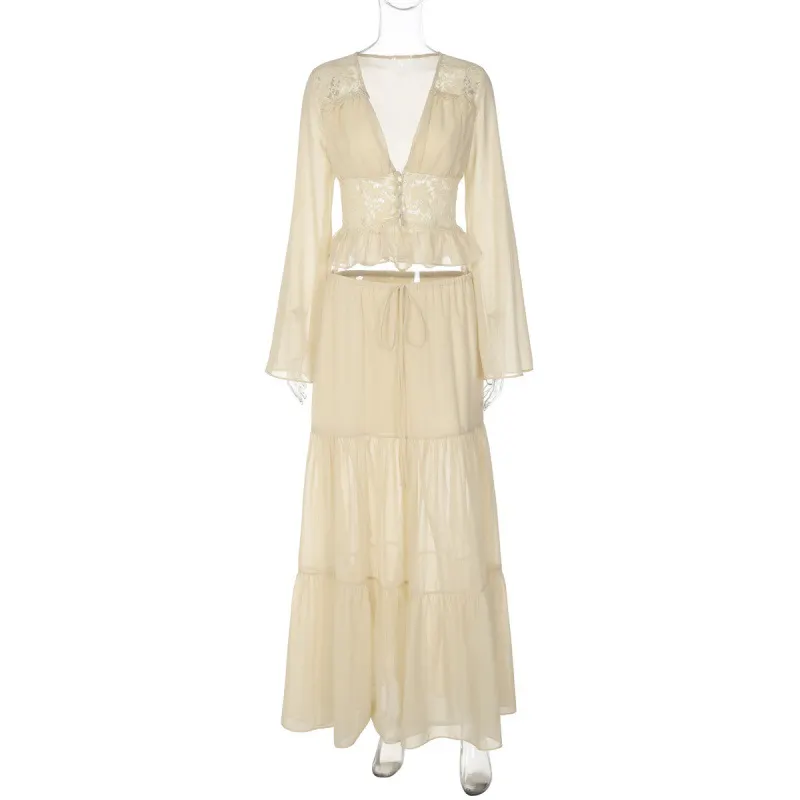 Women Matching Flowy Linen Look Lace Spliced V-Neck Long Sleeve Chiffon Tiered Skirt Two Piece Casual Daily Outfit Set