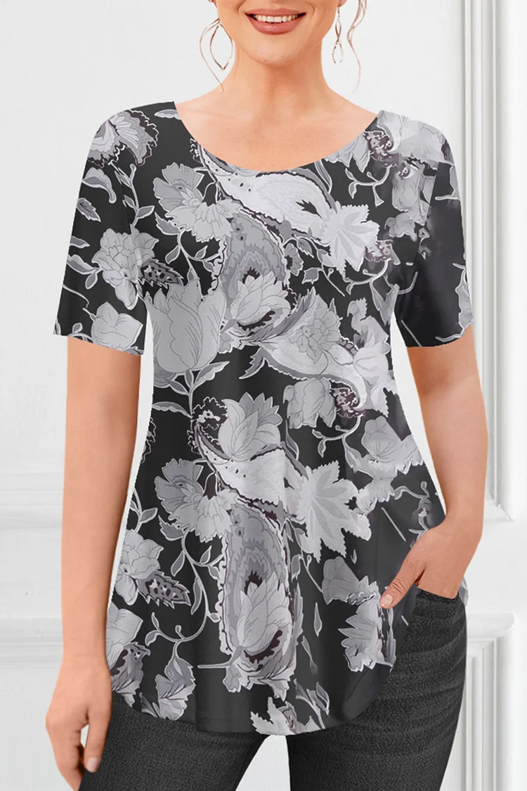 Flycurvy Plus Size Casual Grey Plant Floral Print T-Shirt  Flycurvy [product_label]