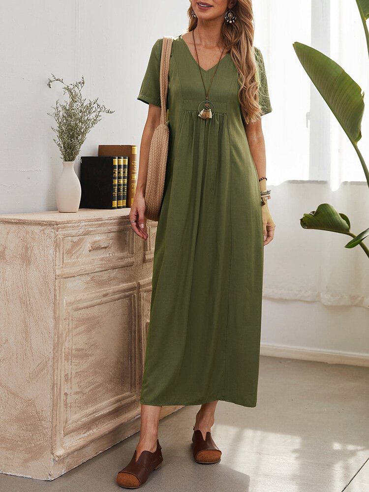 Women Solid Short Sleeve V-neck High Waist Maxi Dress - Life is Beautiful for You - SheChoic