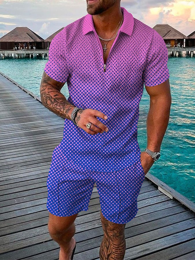 Fashion Casual Lapel Knit Gradient Polka Dot Polo Shorts Suit