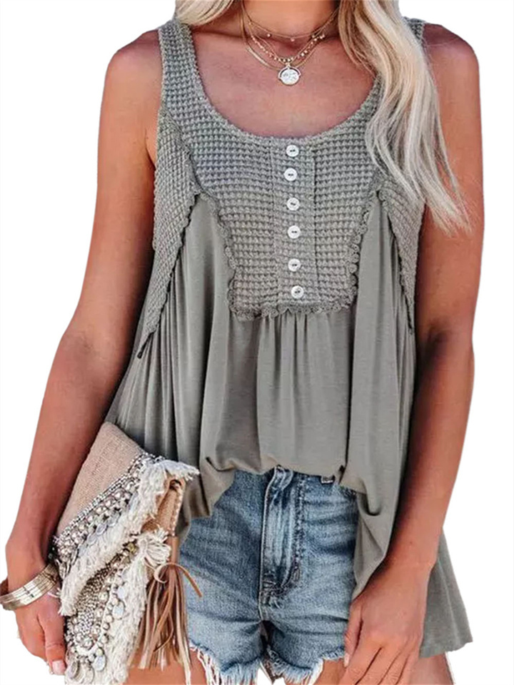 Summer Rustic Solid Color Ribbed Knit Doll Dress Undershirt Female Round Neck Sleeveless Flared Mouth Tops Women | 168DEAL