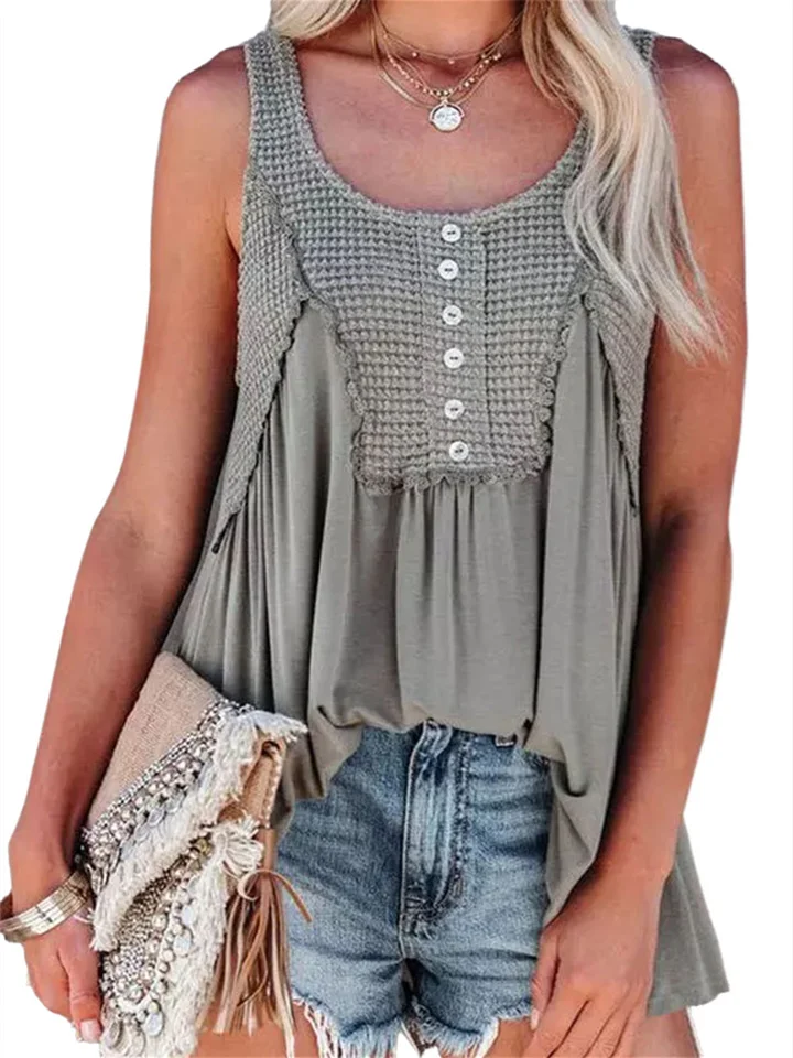 Summer Rustic Solid Color Ribbed Knit Doll Dress Undershirt Female Round Neck Sleeveless Flared Mouth Tops Women-Mixcun