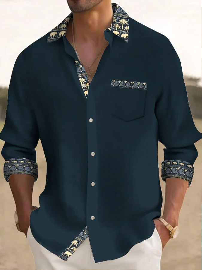 Men's Vintage Patchwork Pattern Long Sleeve Pocket Shirt