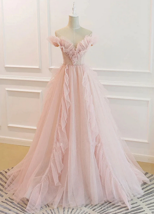 off shoulder pink prom dresses,sparkly ruffled long fairy princess prom evening dresses 2024