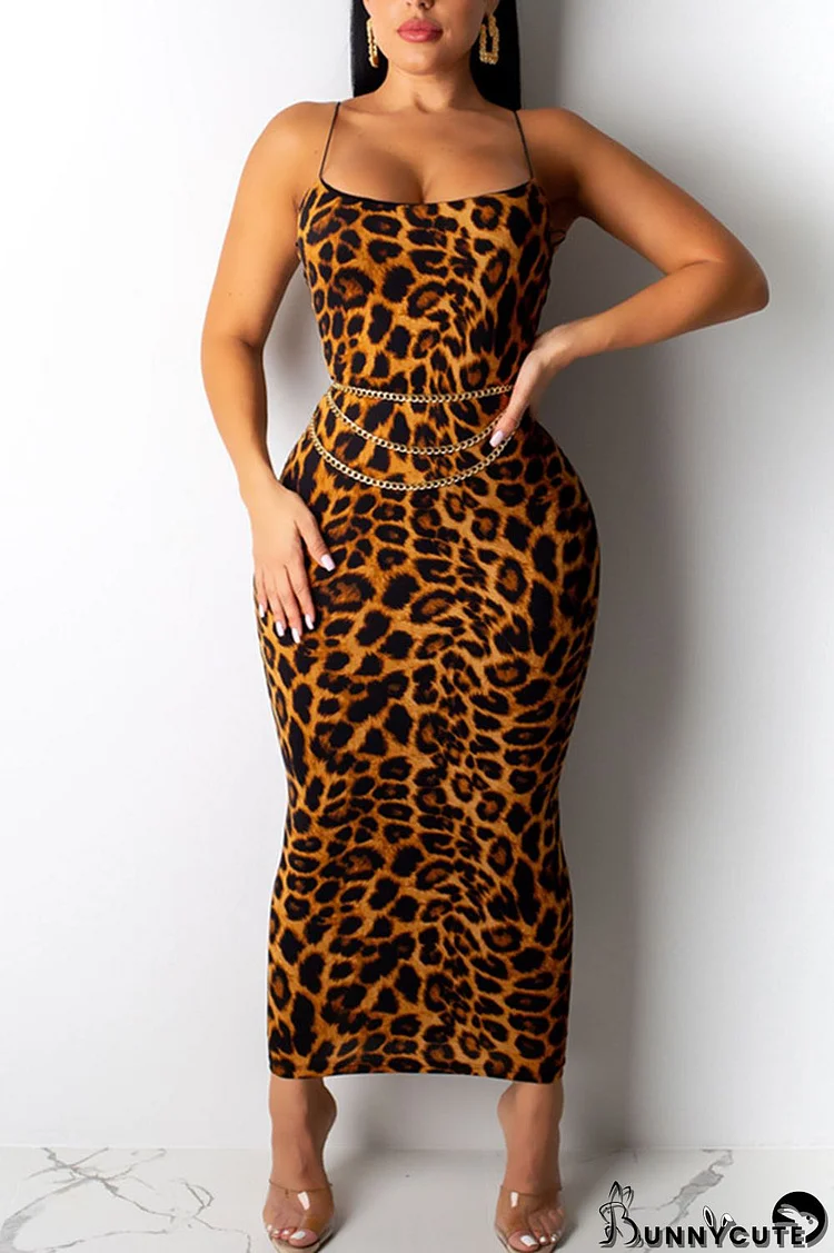 Brown Sexy Print Leopard Patchwork Spaghetti Strap One Step Skirt Dresses(Without Belt)