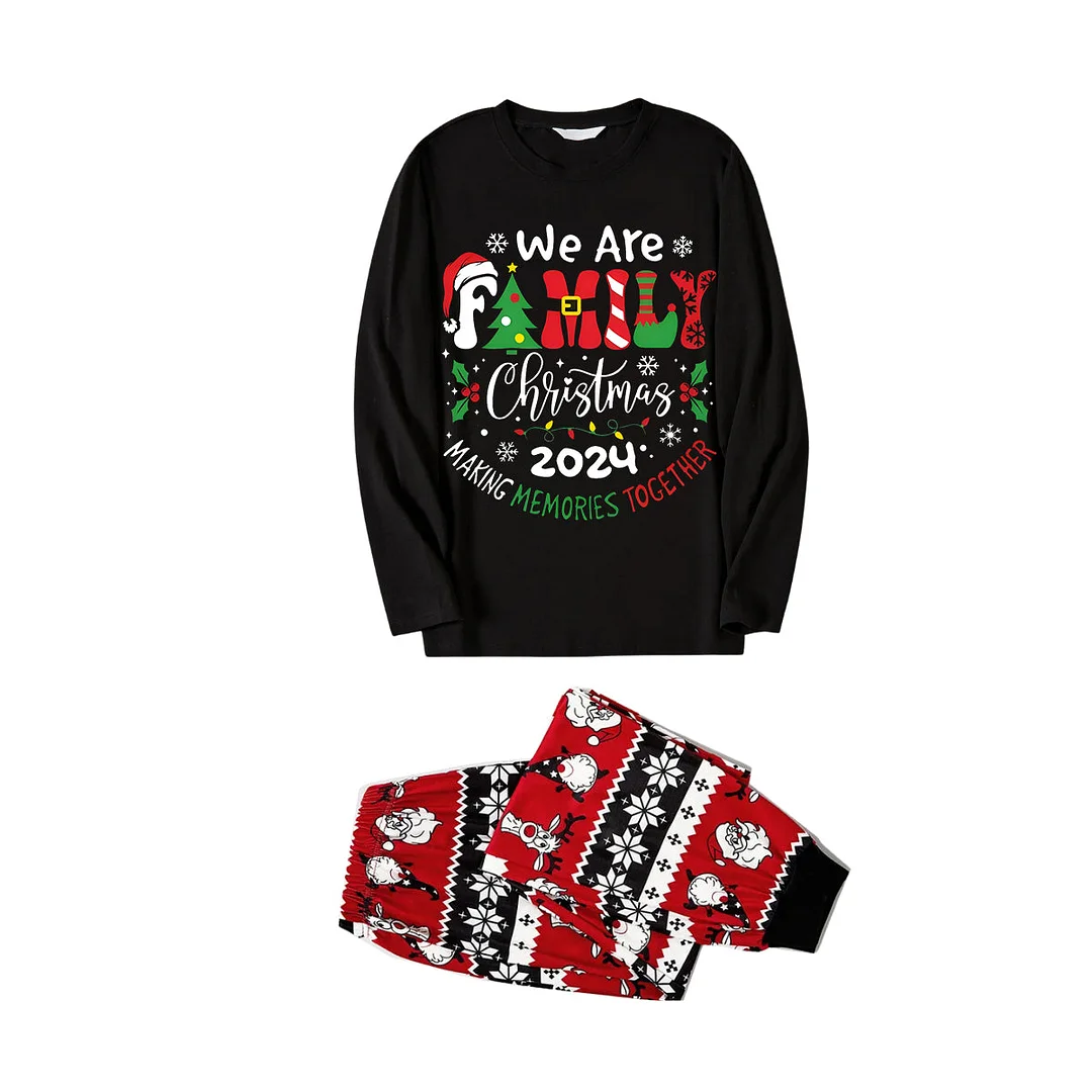 "We are Family" 2024 Christmas Wreath - Black Long Sleeve with Fashionable and Versatile Multi-Element Christmas pants Family Matching Pajamas